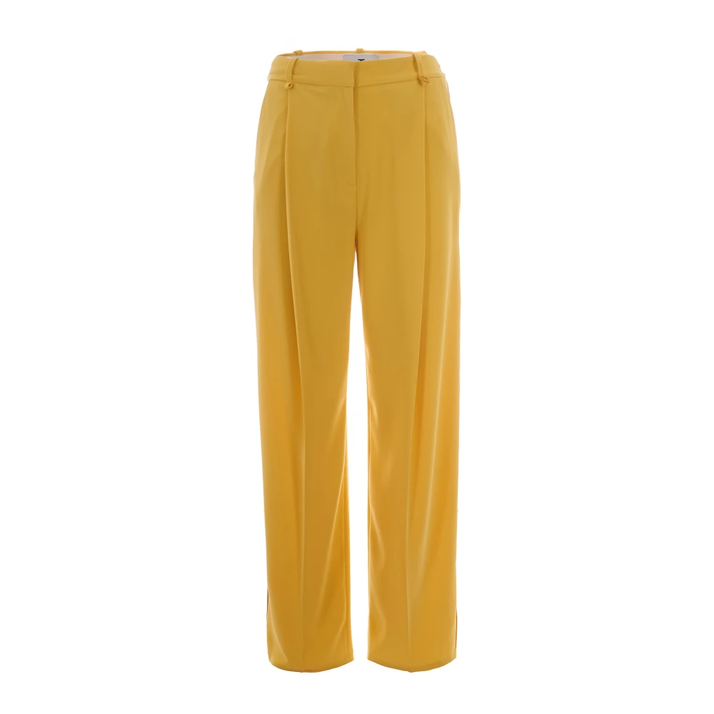 Elisabetta Franchi Women's Yellow Lightweight Crepe Trousers With Logo Charm - Wide Trousers - M - Trousers