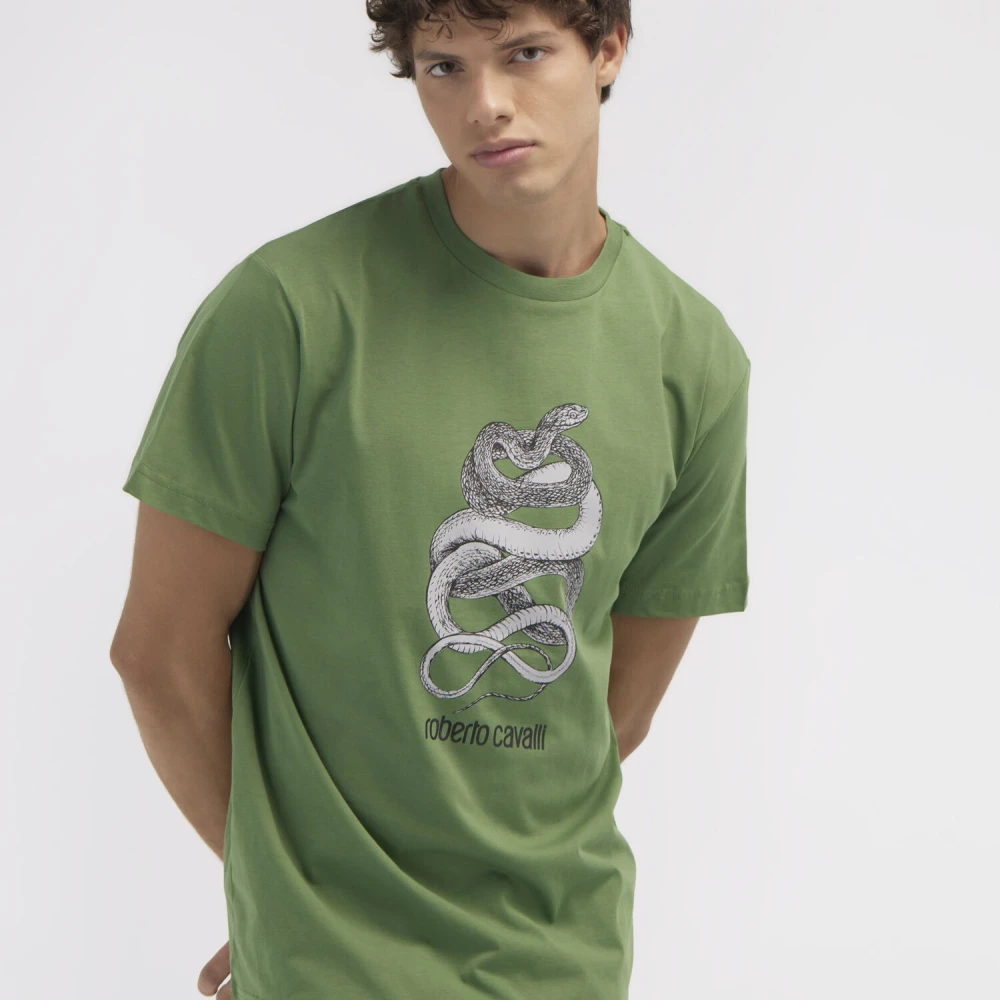 Roberto Cavalli T-shirt met slangenprint Green Heren