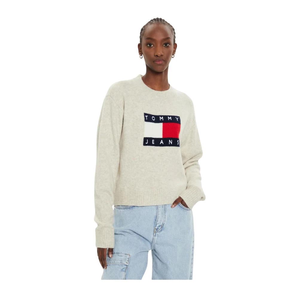 Tommy Jeans Vlag Logo Trui Korte Pasvorm Beige Dames