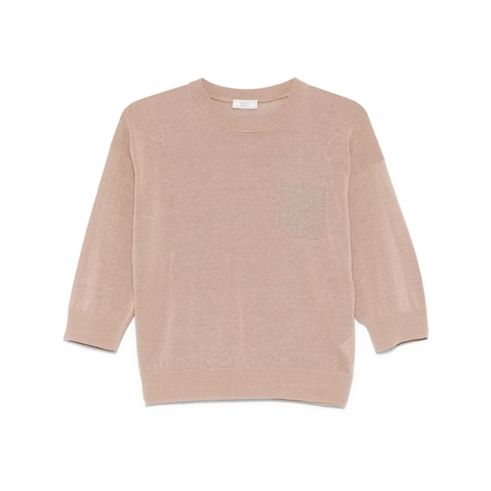 PESERICO Bruine Bead-Detailing Sweater met Ribgezoomde Zoom Brown Dames