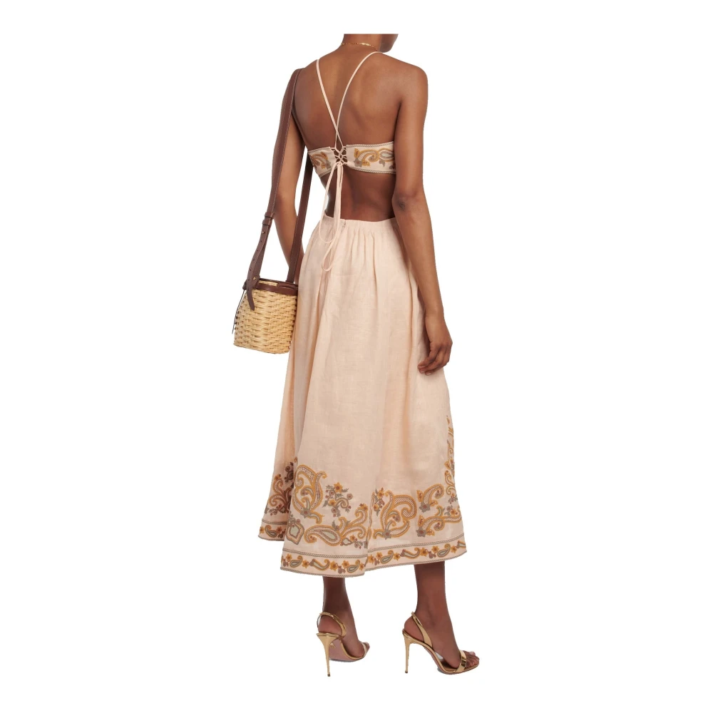 Zimmermann Geborduurde Linnen Midi Jurk met Paisley Motieven Beige Dames