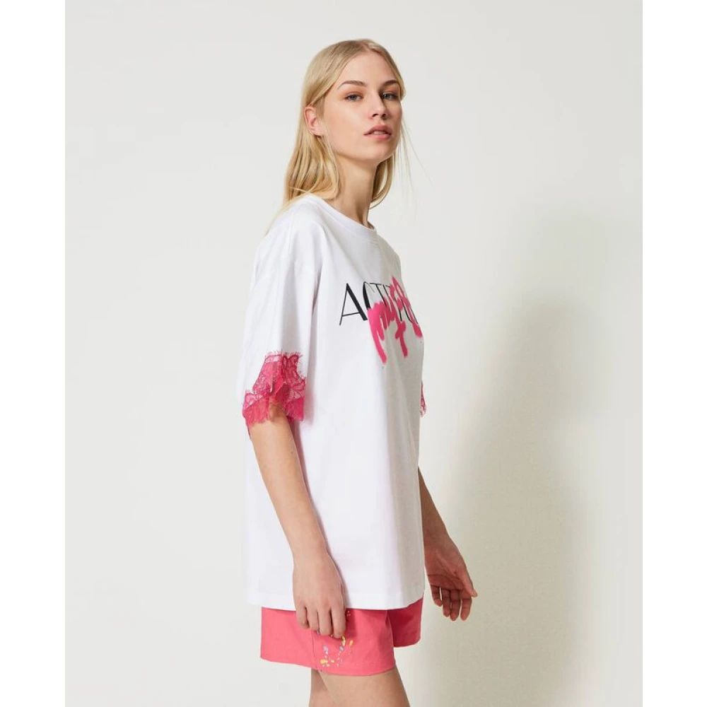 Twinset T-Shirt met Logo Print en Kant White Dames