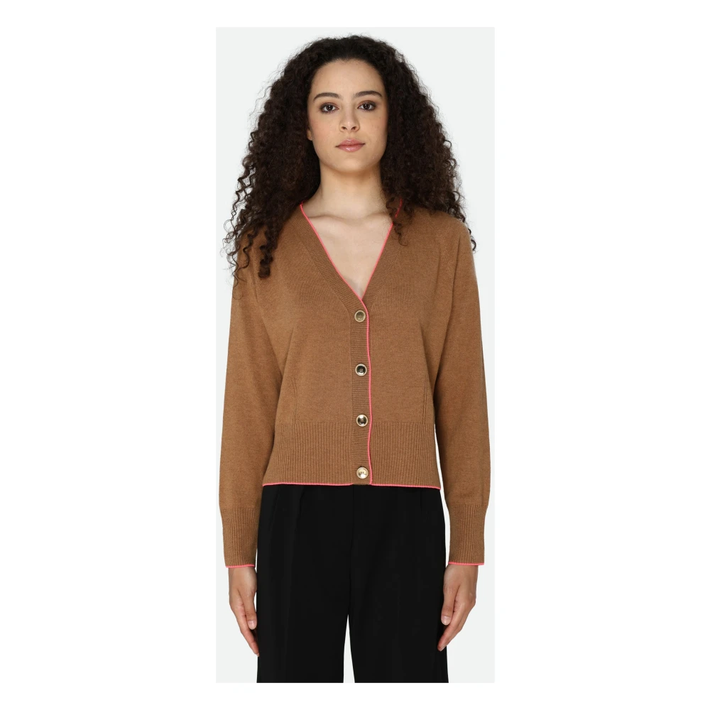 pinko Bruine V-hals Cardigan met Fuchsia Rand Brown Dames
