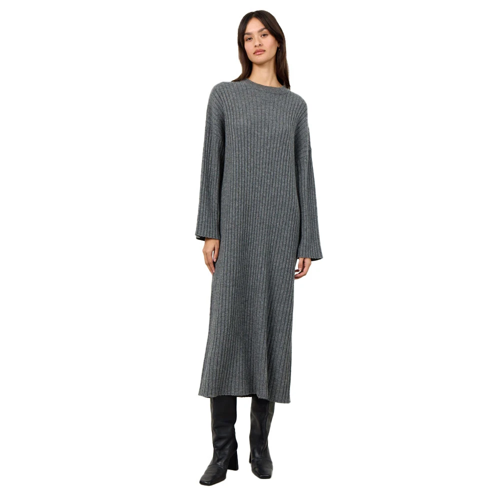 Levete Room Grijze Geribbelde Midi Jurk met Lange Mouwen Gray Dames