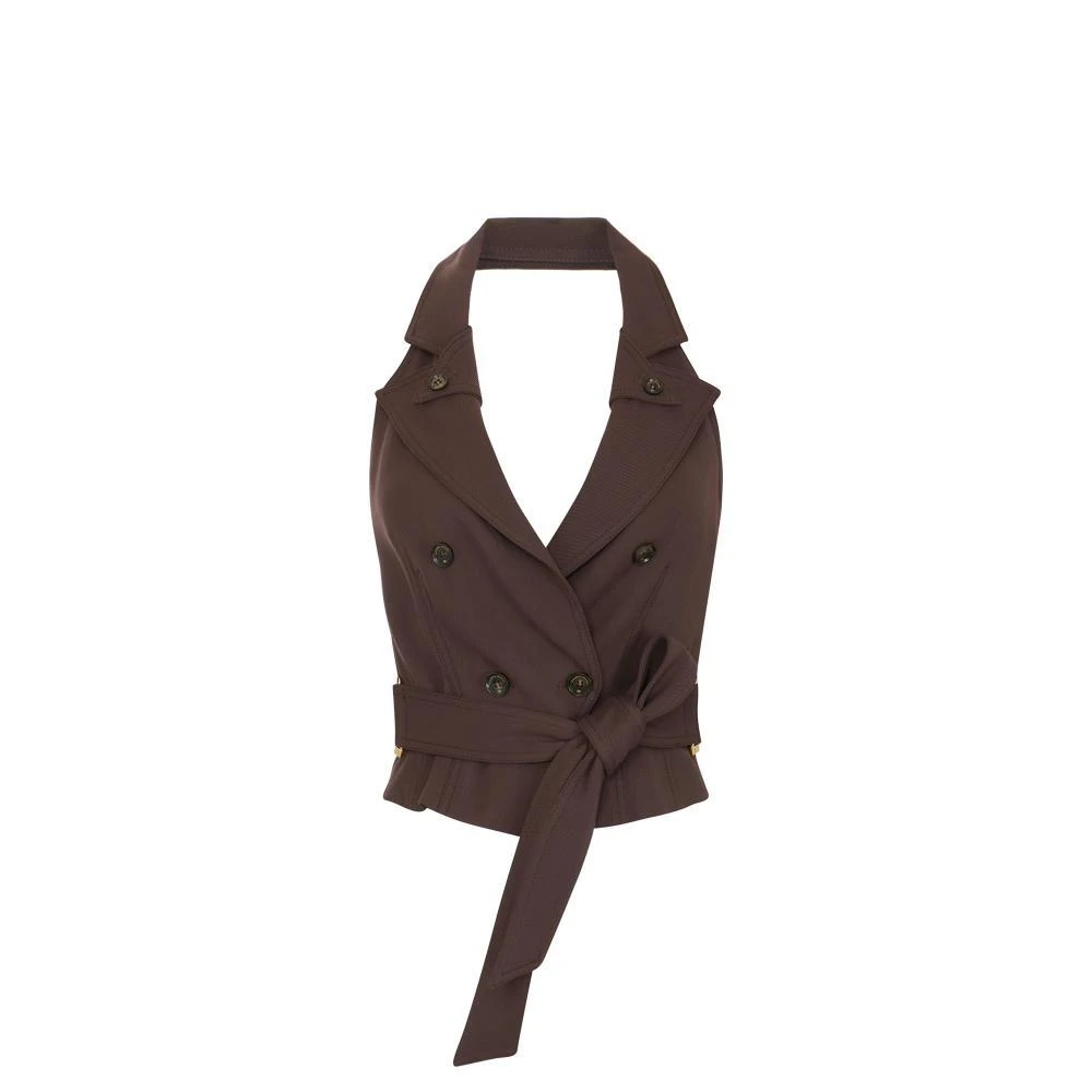 Elisabetta Franchi Brown Waistcoats, Female, S, Gabardine Waistcoat With Belt