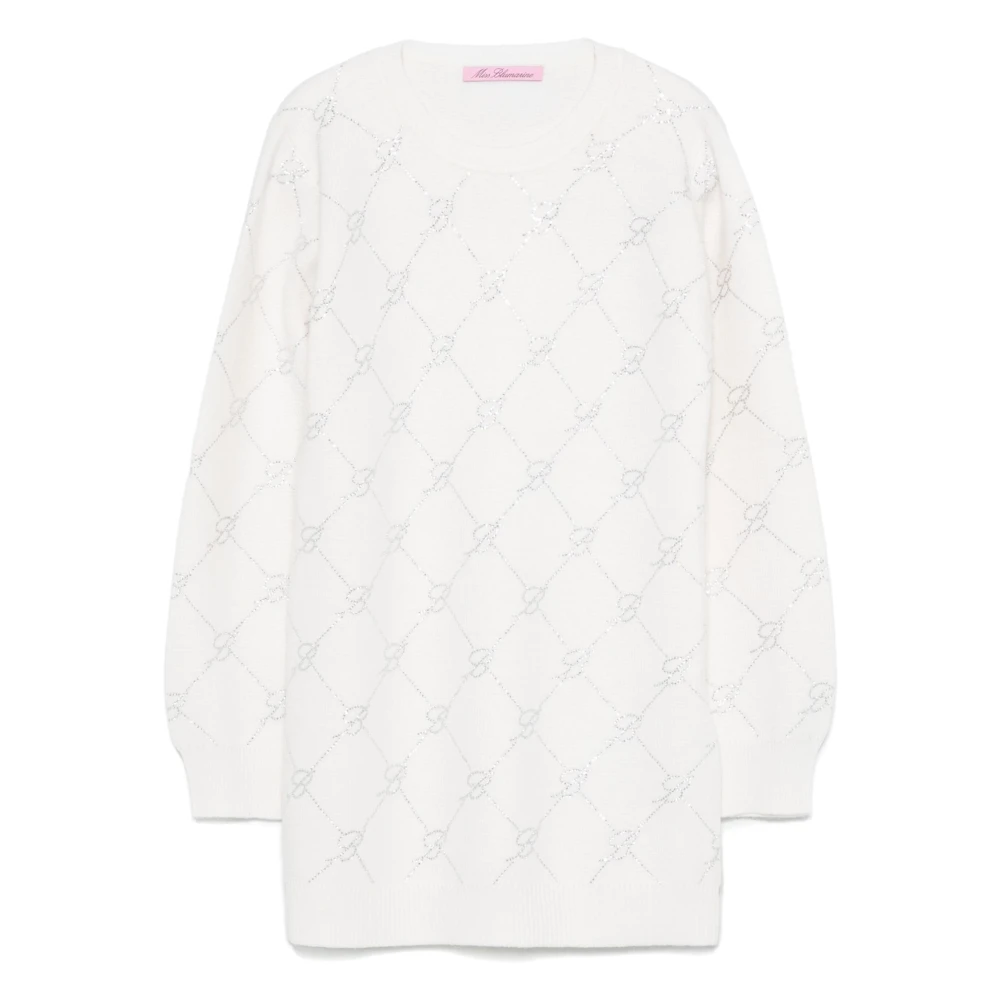 Blumarine Vit Stickad Klänning med Strass Logo White, Flicka