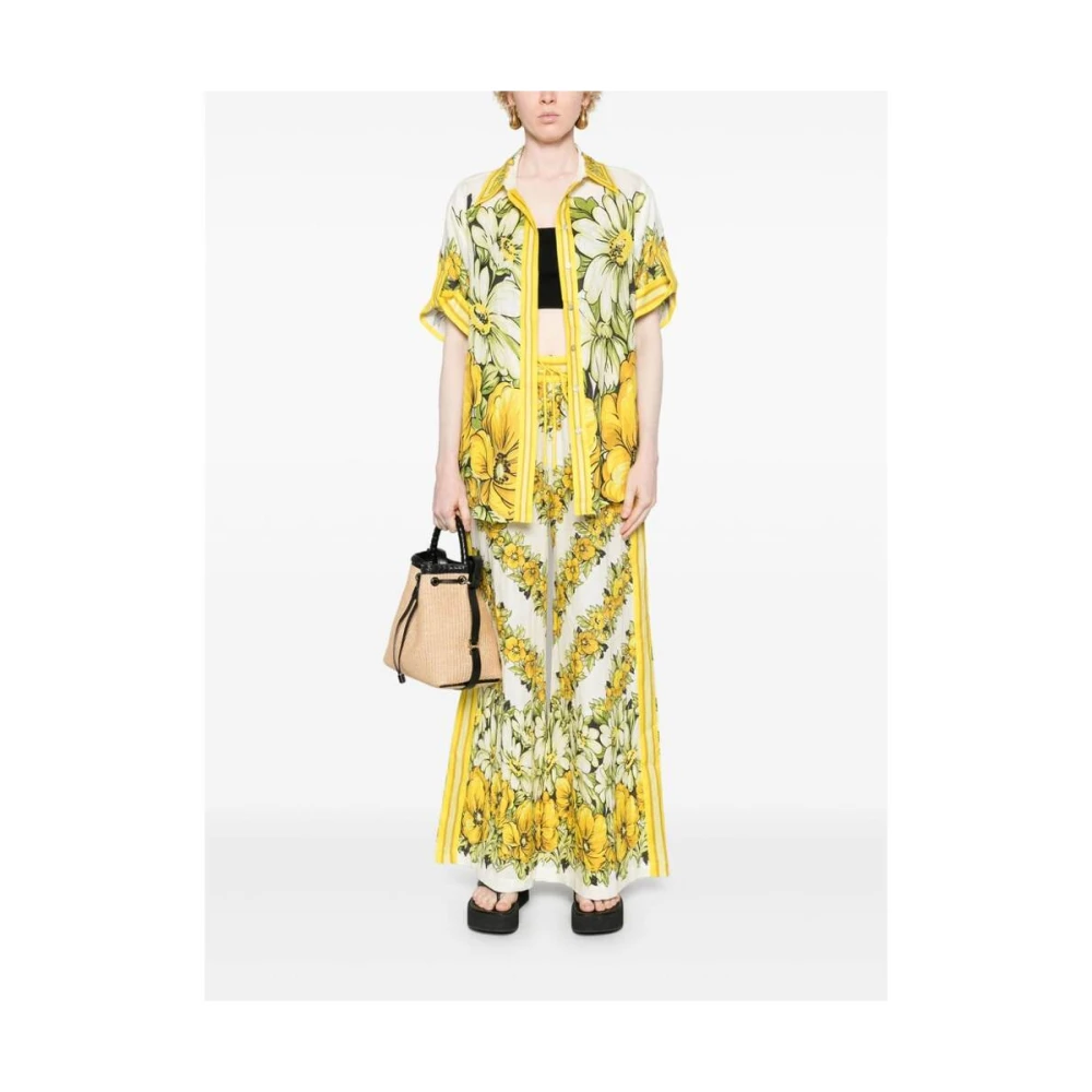 Alemais Citroengele Bloemen Linnen Wijde Pijp Broek Multicolor Dames