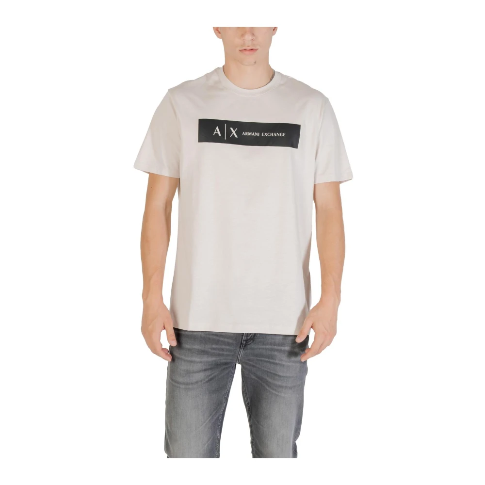 Armani Exchange Men's Beige T-Shirts, L, Printed Short-Sleeve Cotton T-Shirt With Round Neck