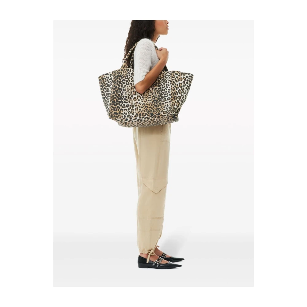 Ganni Luipaardprint Canvas Tote Tas Bruin Brown Dames