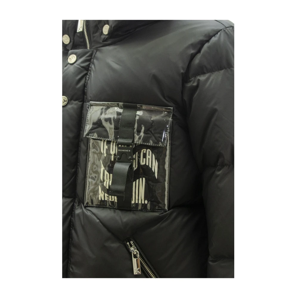 John Richmond Zwarte nylon jas met gewatteerde textuur en logo details Black Heren