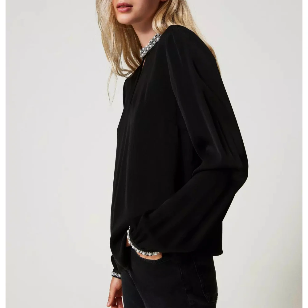Twinset Crepe blouse met borduurwerk Black Dames