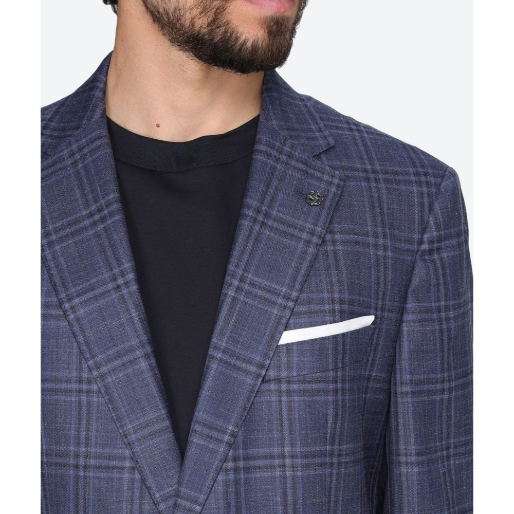 Hugo Boss Geruite wollen linnen jas Blue Heren