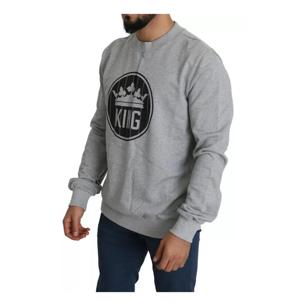 Dolce & Gabbana Kroon Koning Print Katoen Pullover Sweater Gray Heren