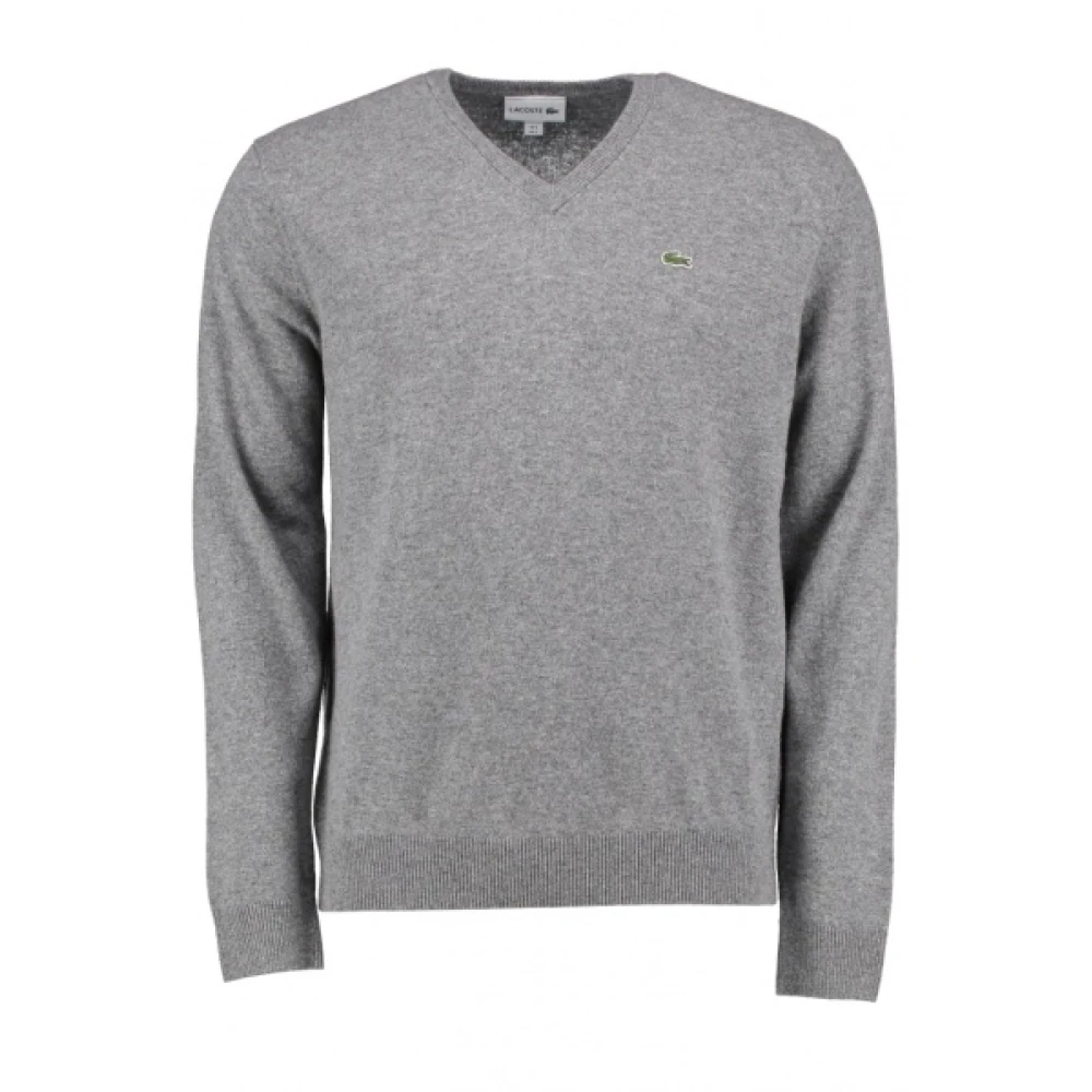 Lacoste Men's Gray V-Neck Knitwear, S, Grey V-Neck Jumper With Crocodile Detail