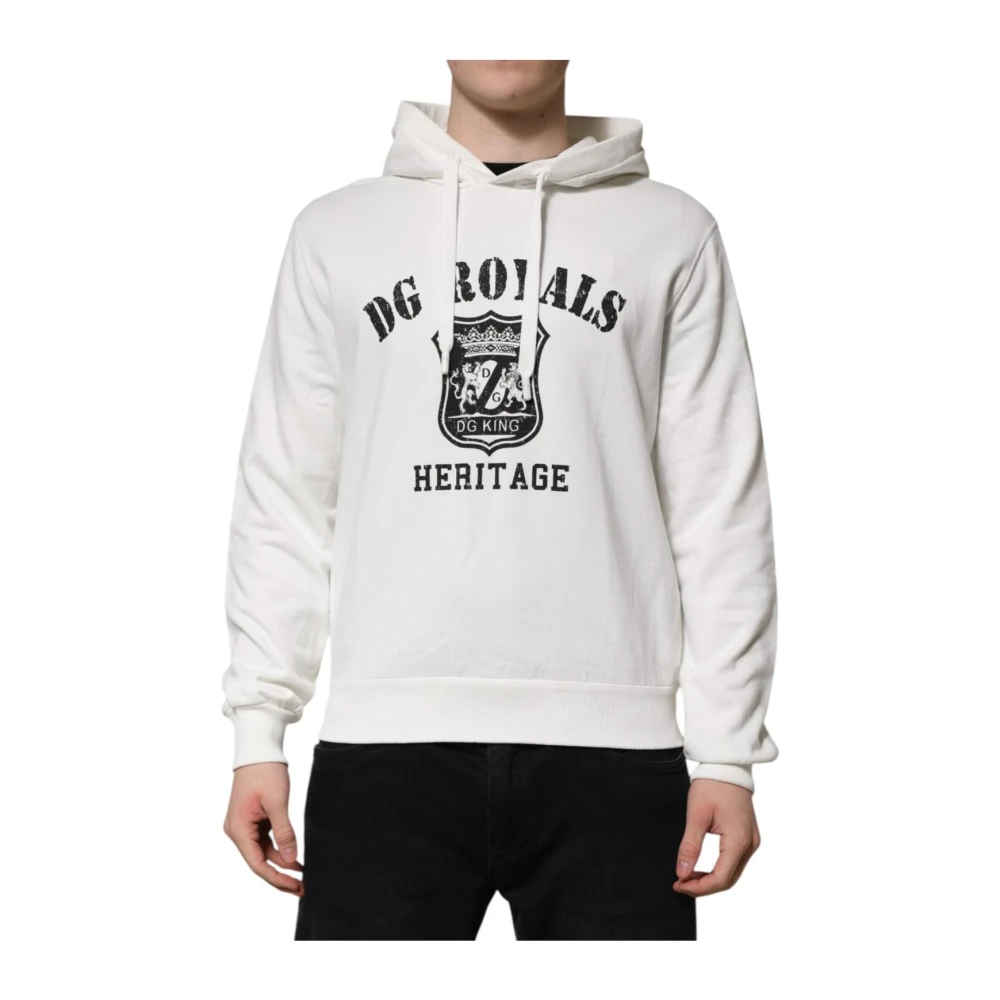 Dolce & Gabbana Men's White Hoodies, Xs, Graphic Print Hooded Jumper