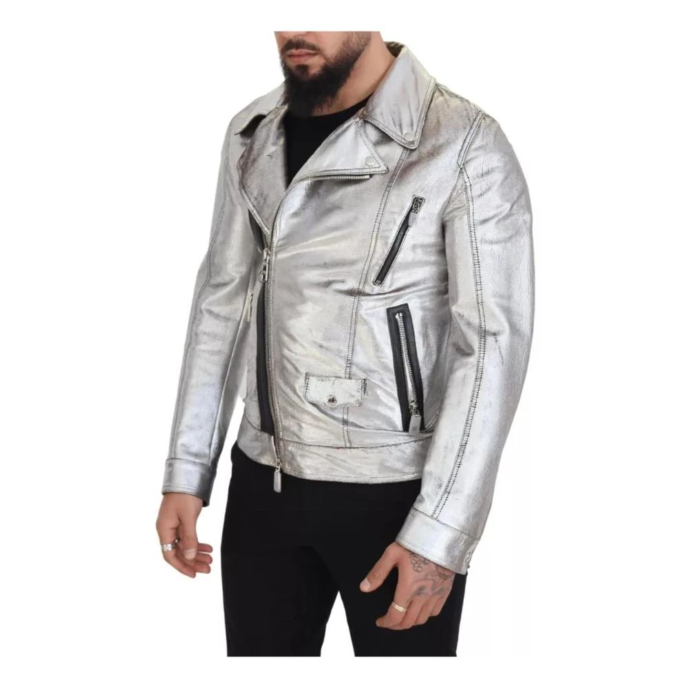 Dolce & Gabbana Zilver Metallic Leren Bikerjas Gray Heren