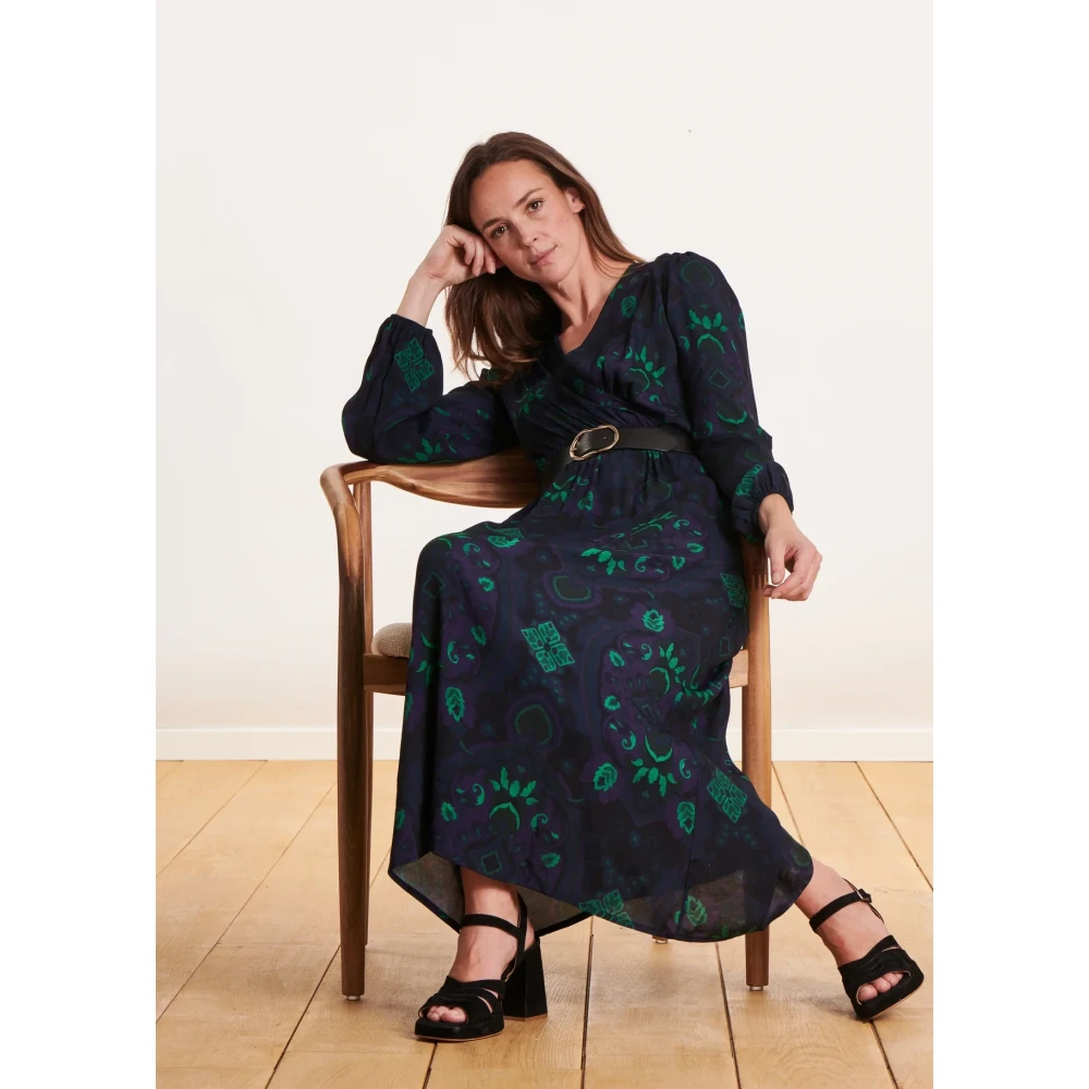 La Fée Maraboutée Blauw en groen bedrukte wikkeljurk Blue Dames