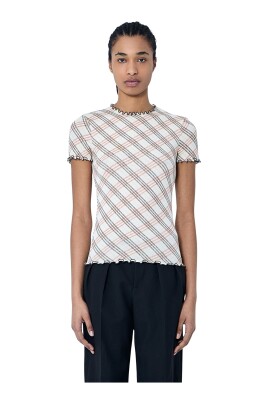 check-motif-frilly-trim-t-shirt