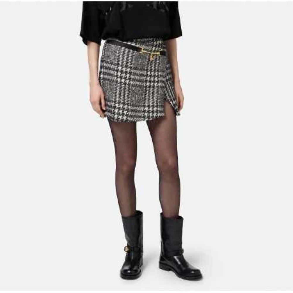 Elisabetta Franchi Zwart Wit Tartan Asymmetrische Rok Gouden Gesp Black Dames