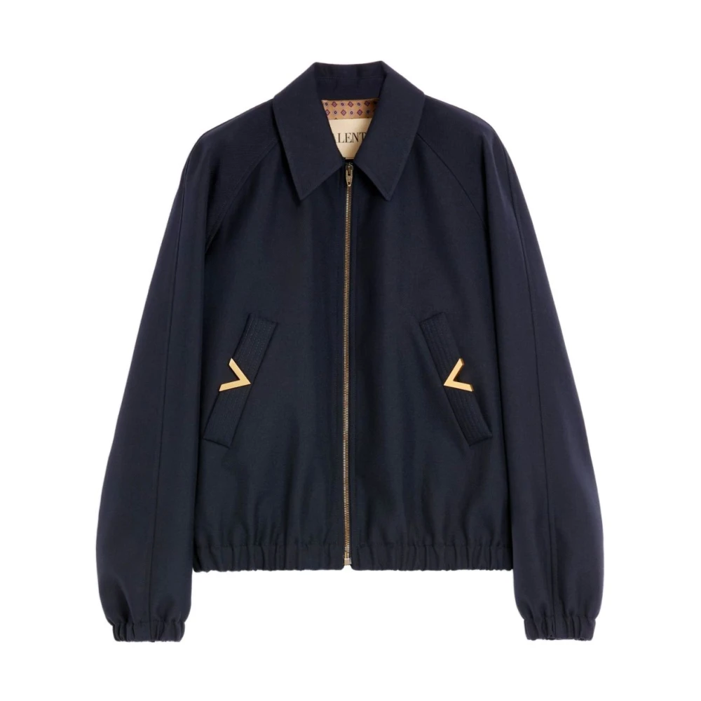 Valentino Garavani Men's Blue Nylon Bomber Jacket With Vgold On Side Pockets