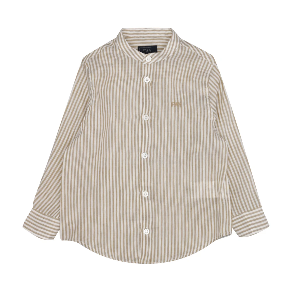 Fay Boys Beige Kids Shirts, 16 Y, Striped Cotton Mandarin Collar Shirt