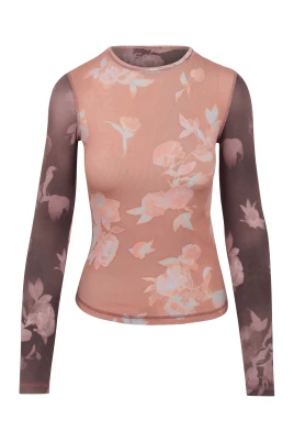 Topp i ribbstickad jersey med blommigt tryck
