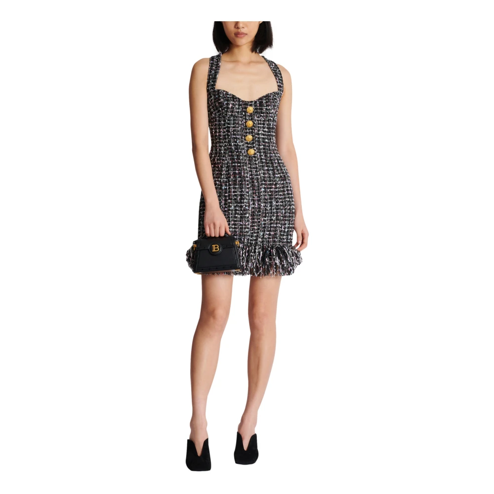 Balmain Korte tweedjurk met knopen Black Dames