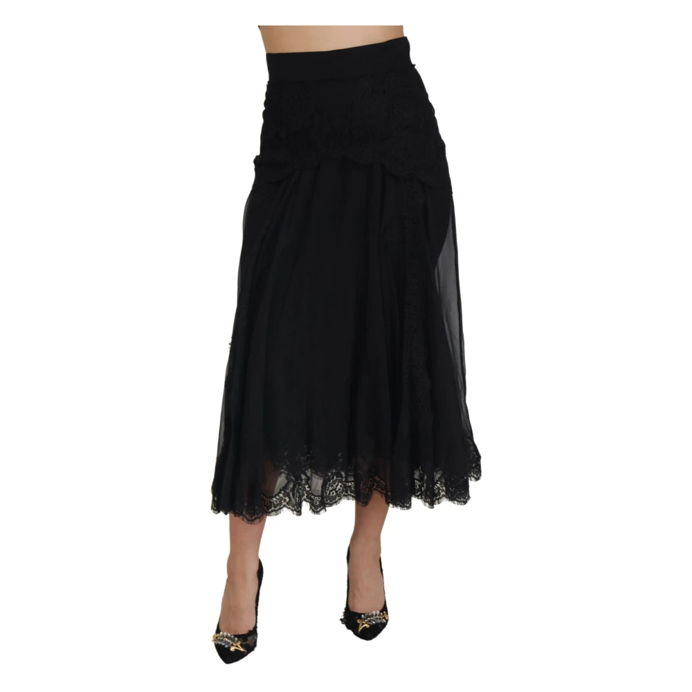 Dolce & Gabbana Damen Schwarz Seiden-Midirock Mit Spitze Und Hoher Taille