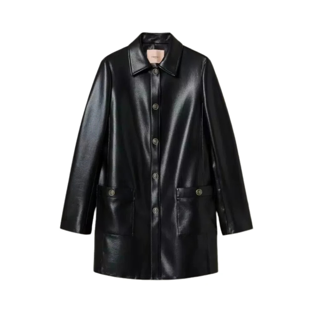 Twinset Women's Black Single-Breasted Coats, M, Faux Nappa Leather Trench Coat