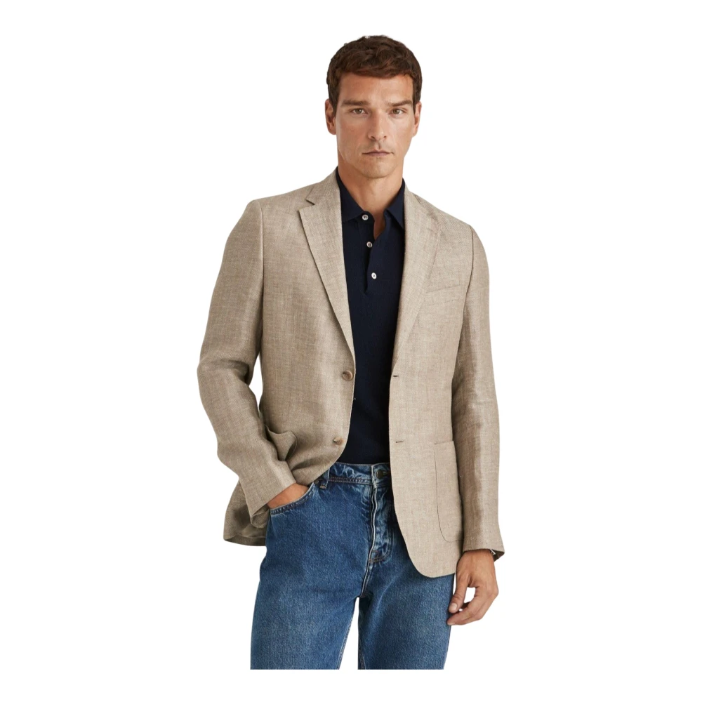 Morris Stockholm Licht Khaki Linnen Visgraat Zomer Blazer Green Heren