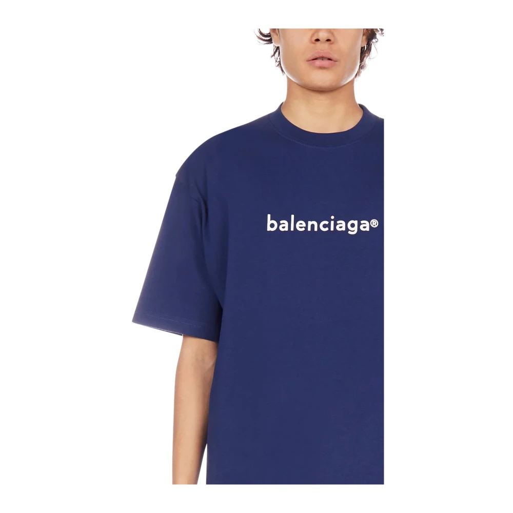 Balenciaga Logo Print Blauw Oversized T-shirt Blue Heren
