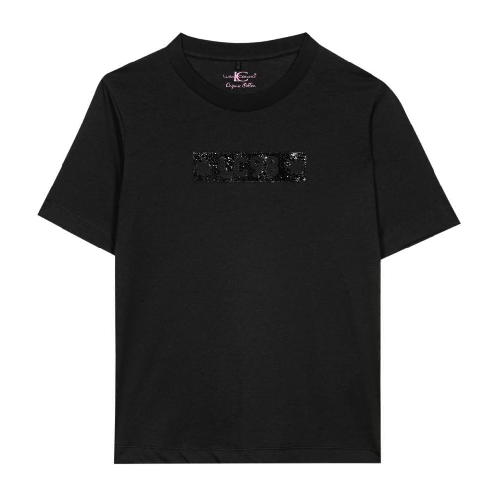 LUISA CERANO Glitter Logo T-shirt van biologisch katoen Black Dames
