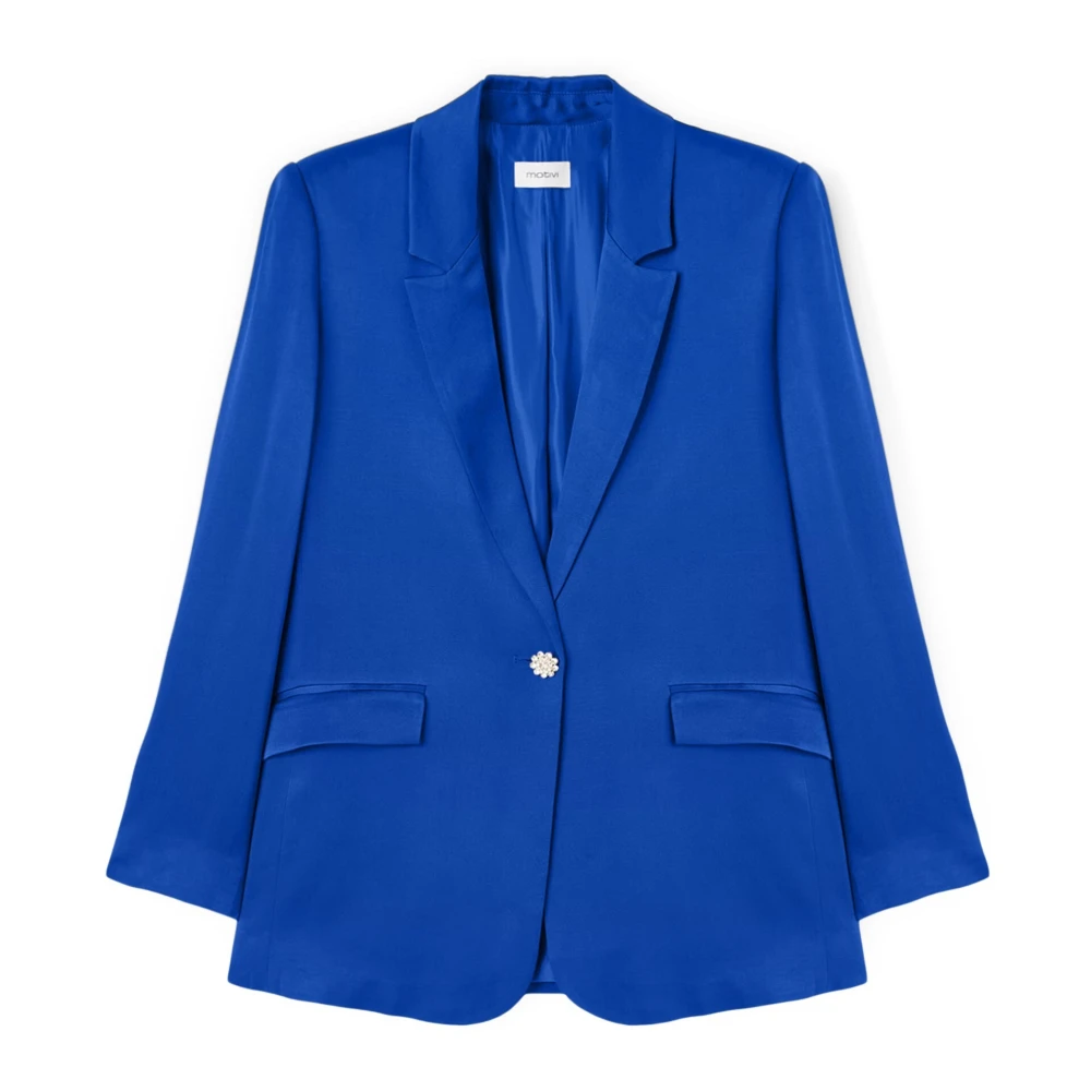 Motivi Satin Oversized Blazer met Juweelknoop Blue Dames