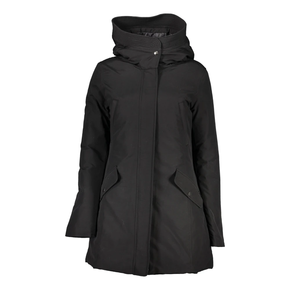 Woolrich Zwarte parka met capuchon zakken en logo Black Dames