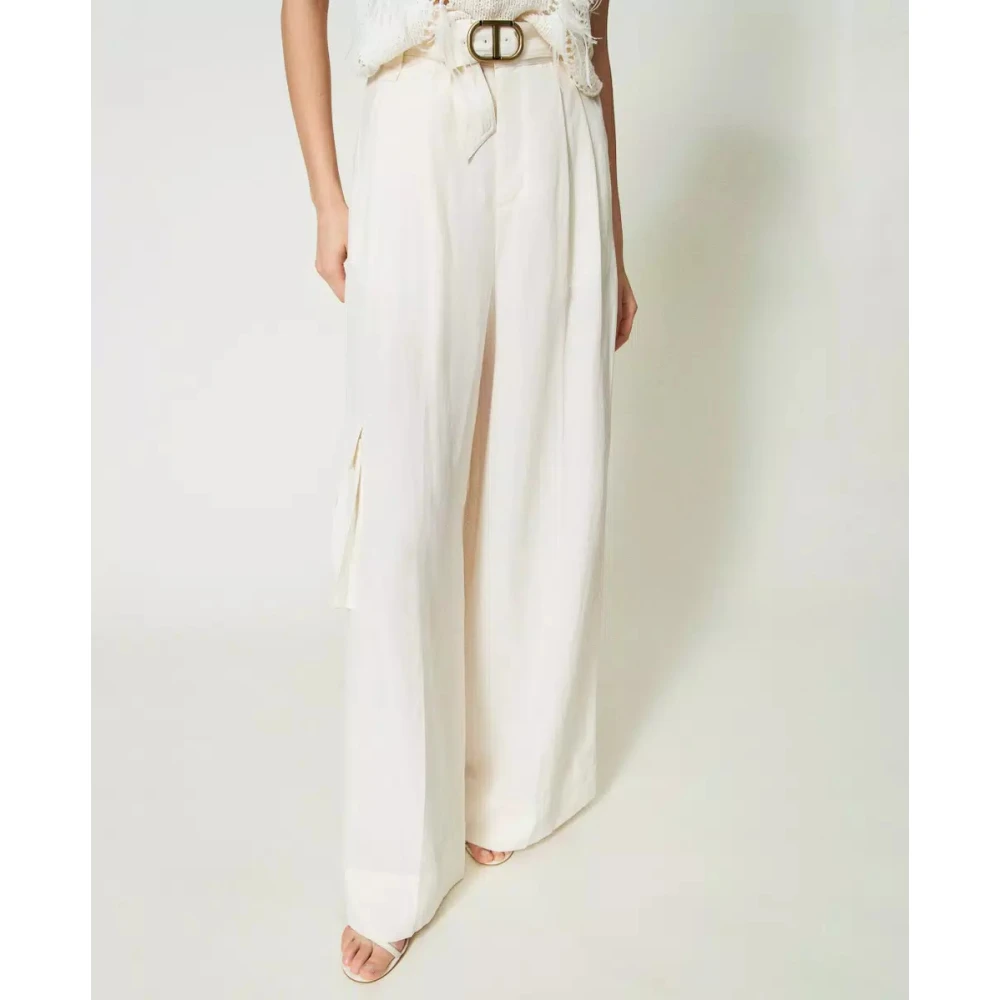 Twinset Wide Leg Linnen Broek White Dames