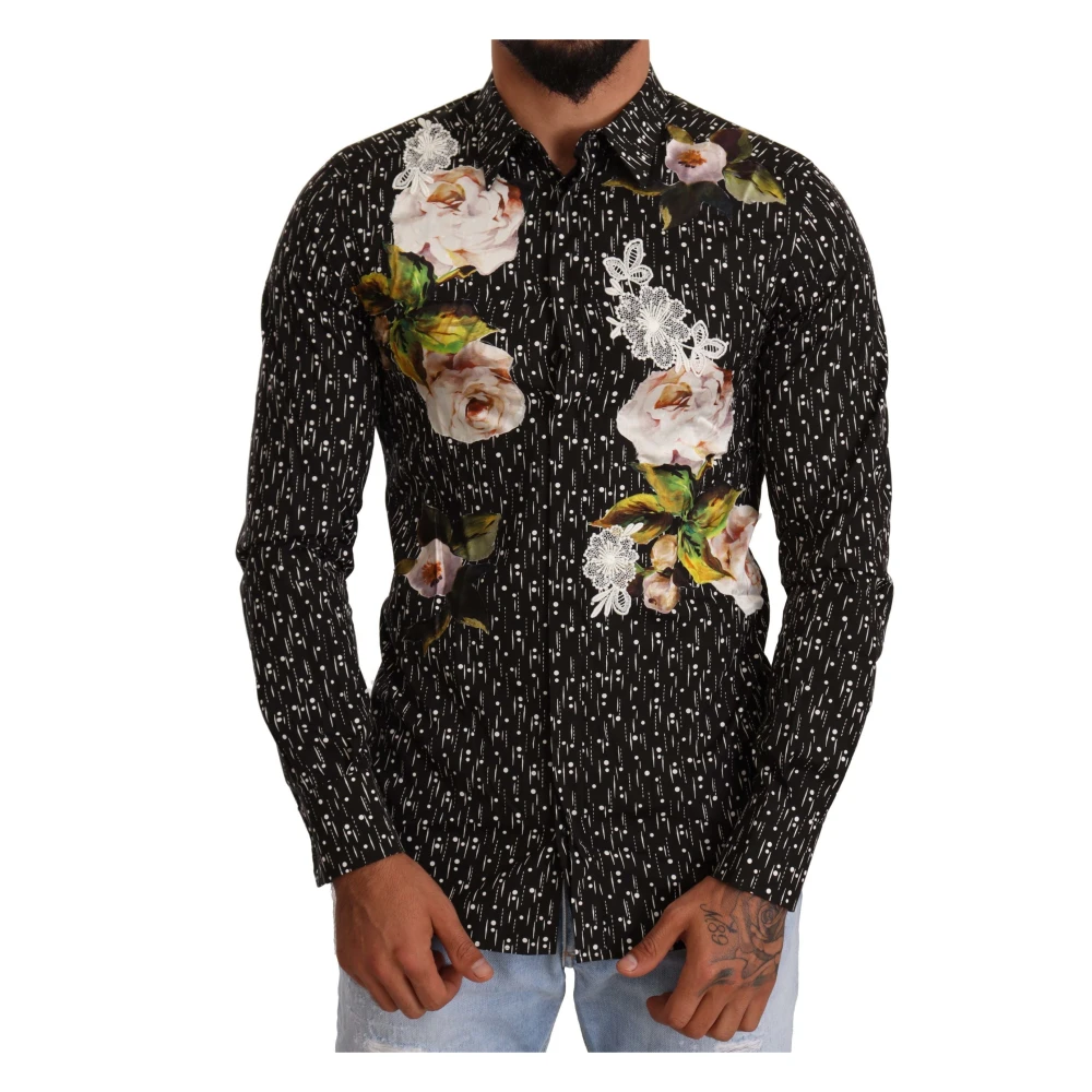 Dolce & Gabbana Zwarte Bloemen Geborduurde Katoenen Overhemd Black Heren