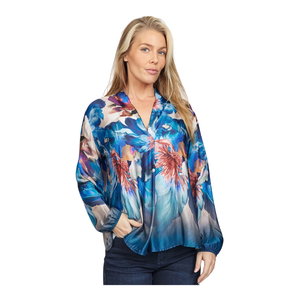 2-Biz Blauwe Bloemen Pofmouw Blouse Multicolor Dames