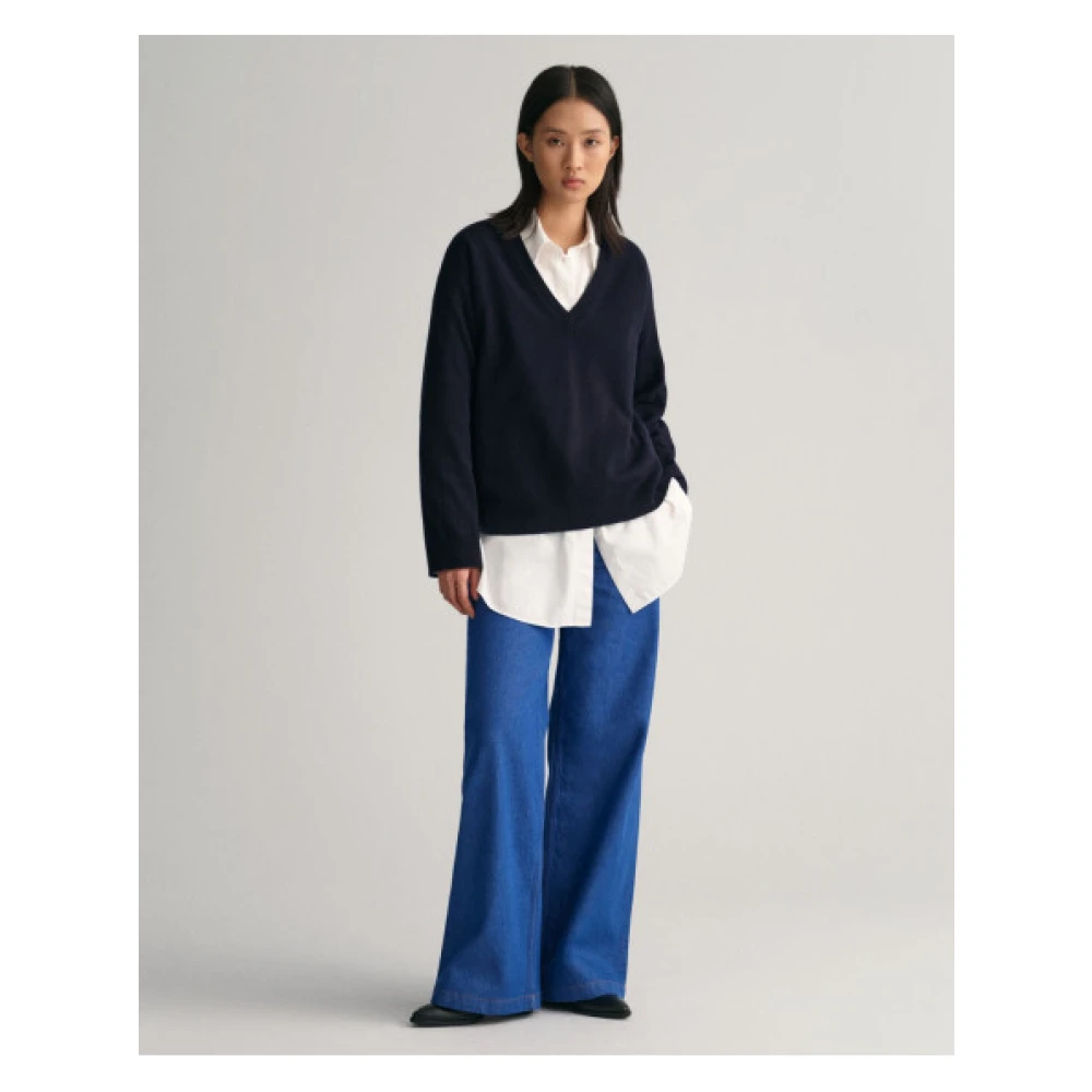 Gant Ultra Fijne V-hals Wollen Trui Blue Dames