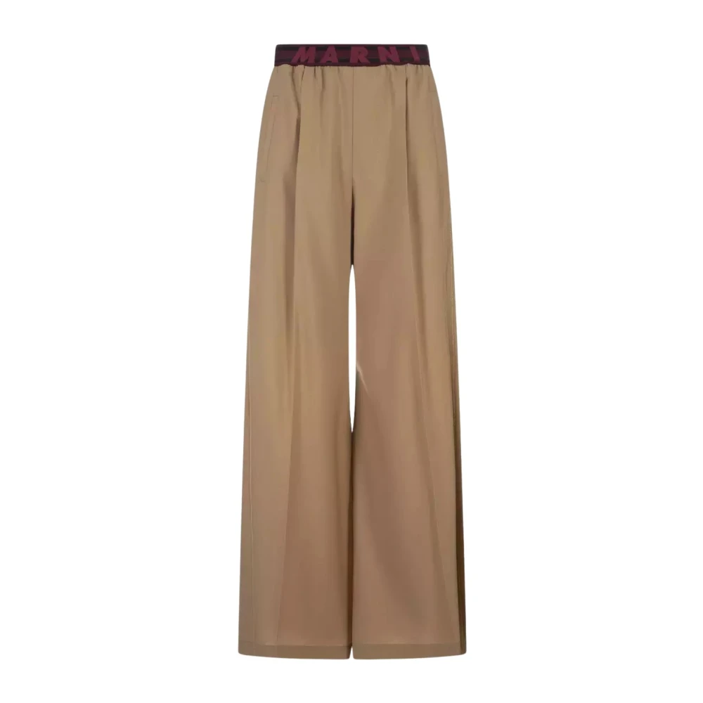 Marni Women's Yellow Wide Trousers, Xs, Logo-Waistband Wool Flared Trousers