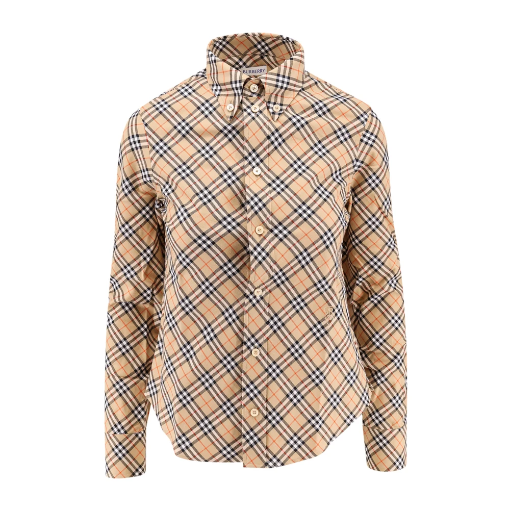 Burberry Geruite katoenen T-shirt met knoopkraag Beige Dames