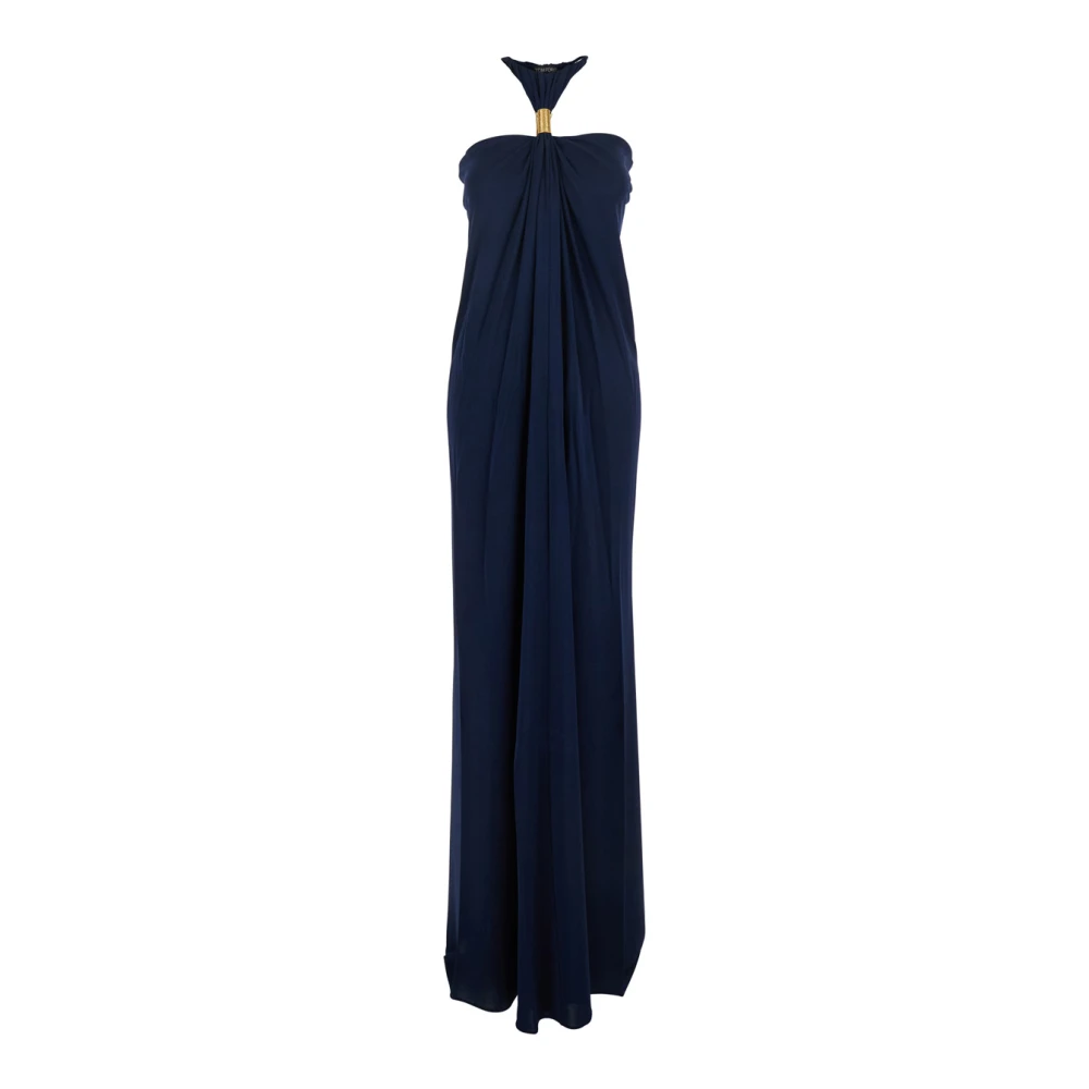 Tom Ford Blauwe Halternek Lange Jurk met Open Rug Blue Dames