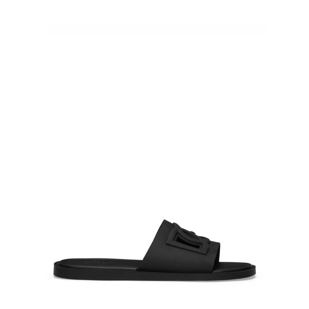 Dolce & Gabbana Men's Black Sliders, 12 Uk, Rubber Beachwear Sliders With Cut-Out Logo
