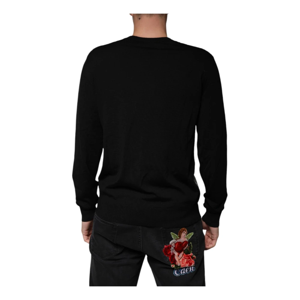 Dolce & Gabbana Zwarte Wol V-hals Logo Trui Black Heren