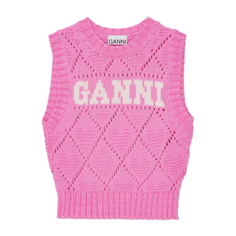 Ganni Gebreide Geperforeerde Logo Mouwloze Jas Pink Dames