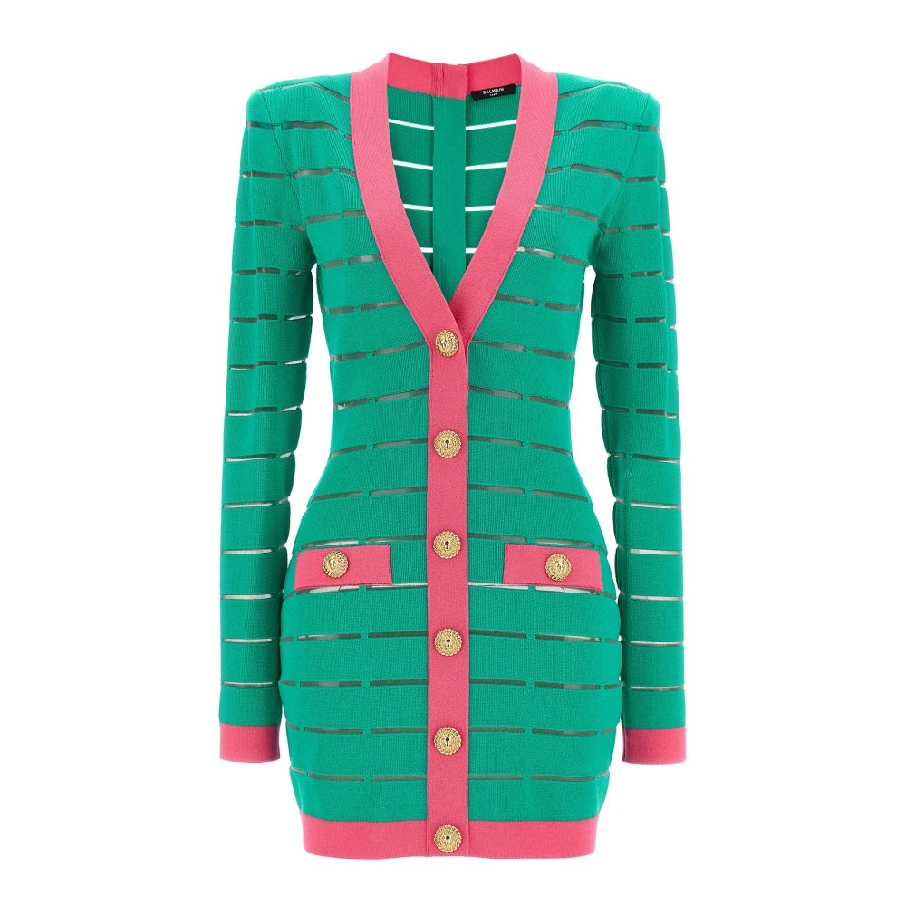 Balmain Women's Green Two-Tone Knit Dress With Buttons - Knitted Dresses - S - Dresses