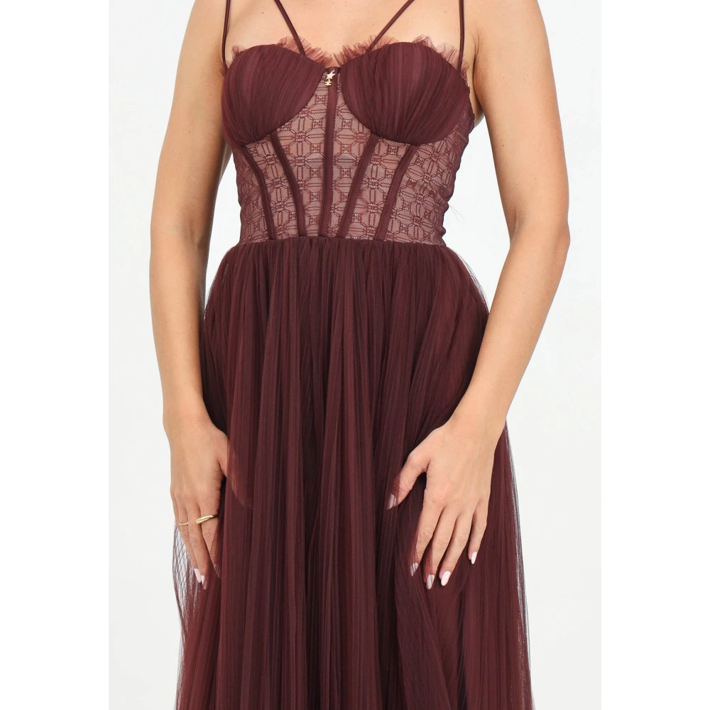 Elisabetta Franchi Bordeaux Tule Midi Jurk met Geplooide Rok Red Dames