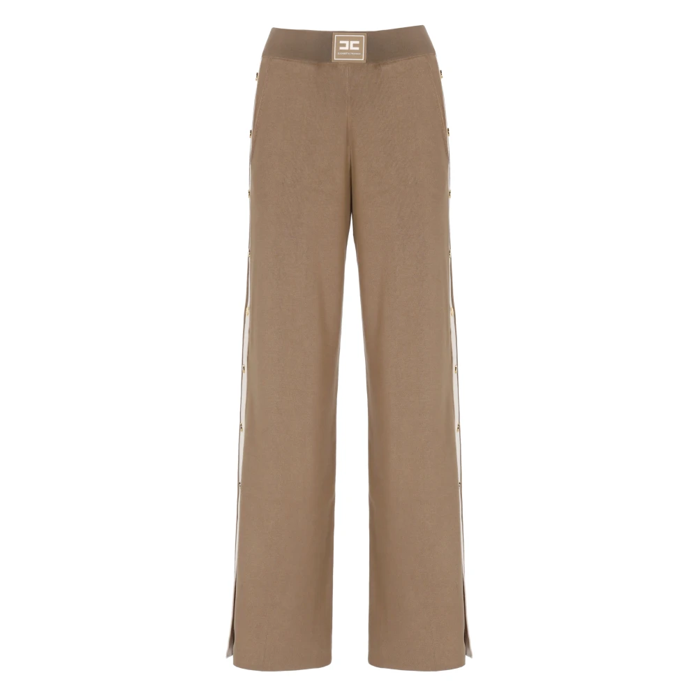 Elisabetta Franchi Women's Brown Wide Trousers, Xs, Knit Fabric Trousers With Shiny Viscose Bands