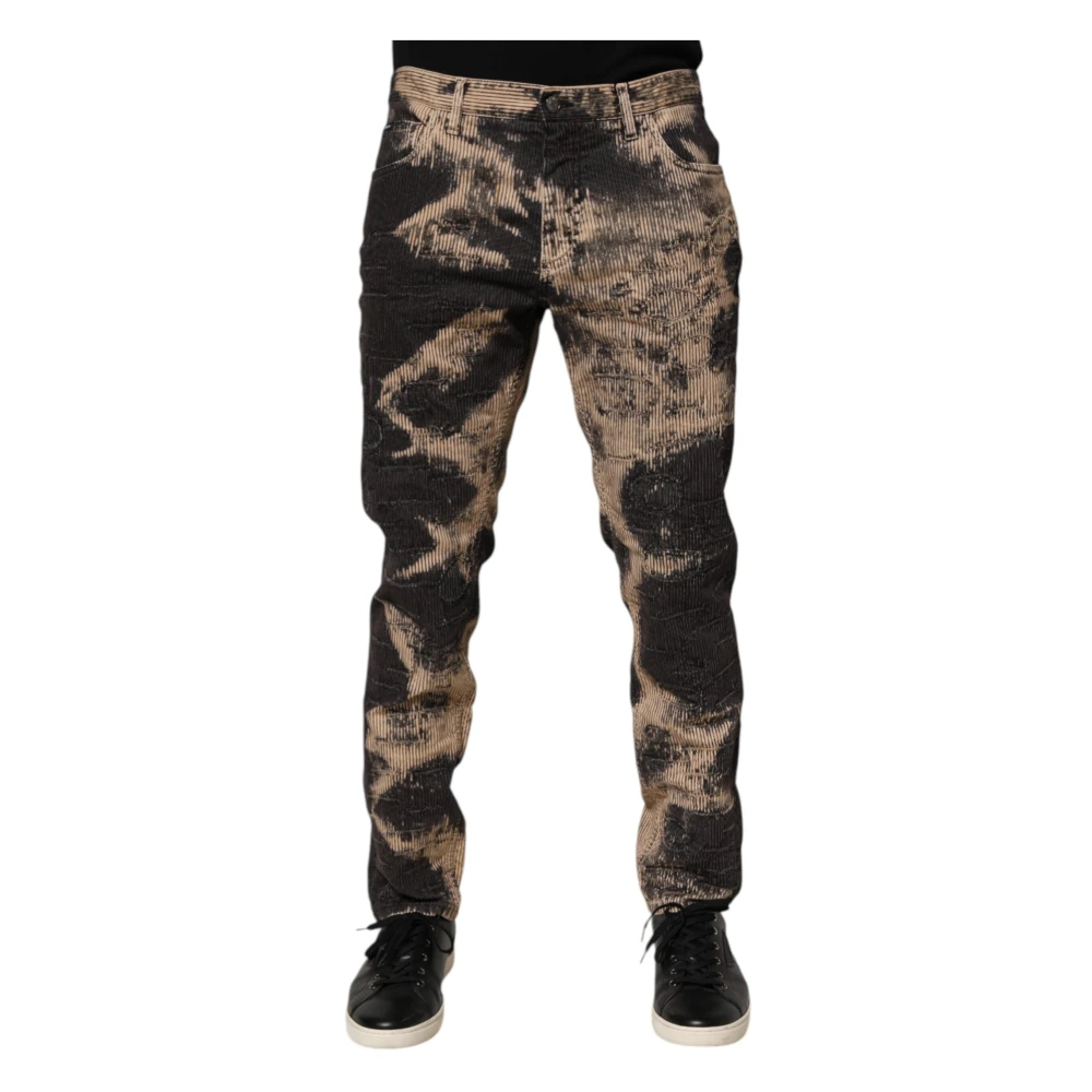 Dolce & Gabbana Men's Beige Tie-Dye Corduroy Trousers Black - Slim-Fit Trousers - L - Trousers