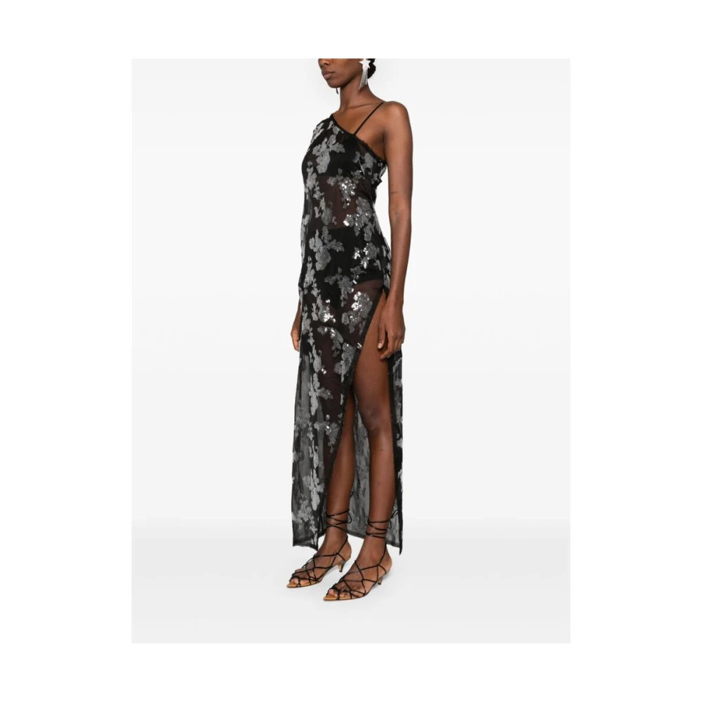 Siedrés Zwarte Bloemen Paillet Een-Schouder Jurk Black Dames