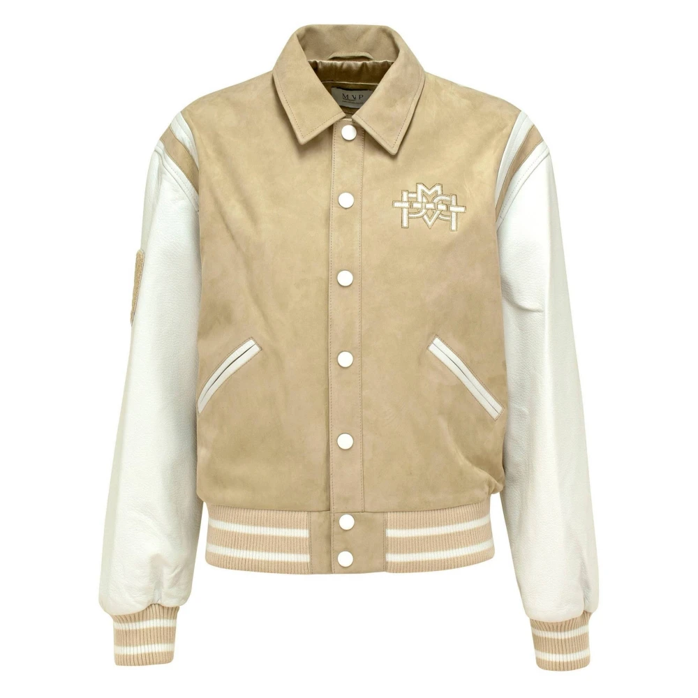 MVP wardrobe Suède Leren Bomberjack met Patchwork Logo Beige Dames